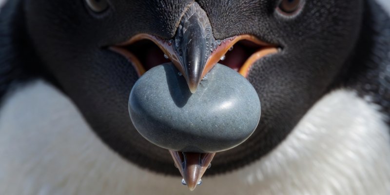 Macro detail of an Adelie beak grasping a perfectly smooth, grey nesting pebble
