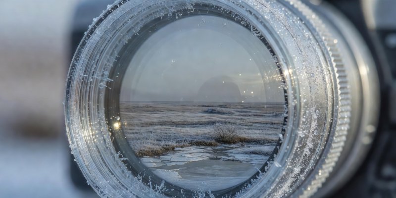 Macro reflection in a cold glass camera lens used for field observation
