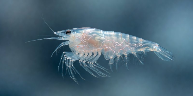 Macro shot highlighting the translucent, shrimp-like structure of Antarctic Krill