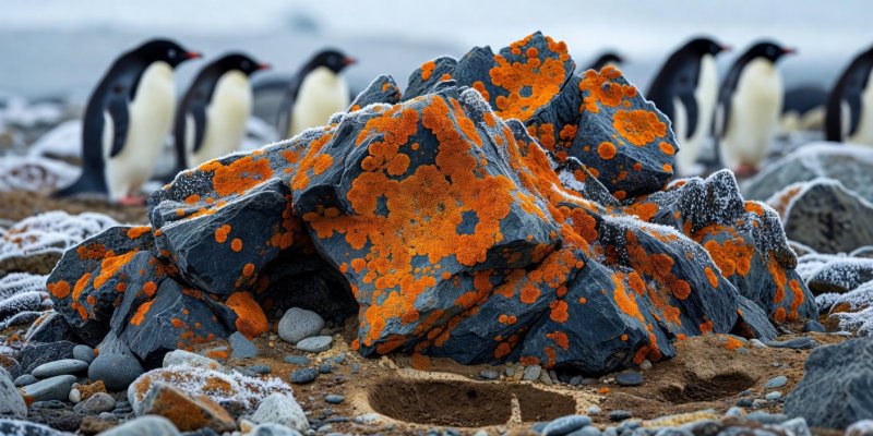 Macro view of orange lichen on a jagged Antarctic rock in penguin nesting grounds